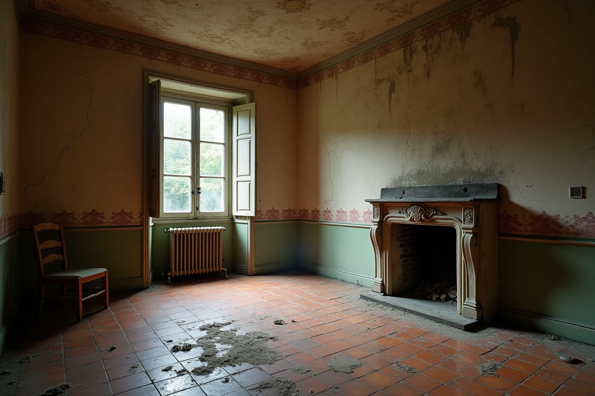 Intérieur délabré d'une maison abandonnée en France avec carrelage fissuré, papier peint décollé et vieille cheminée en pierre