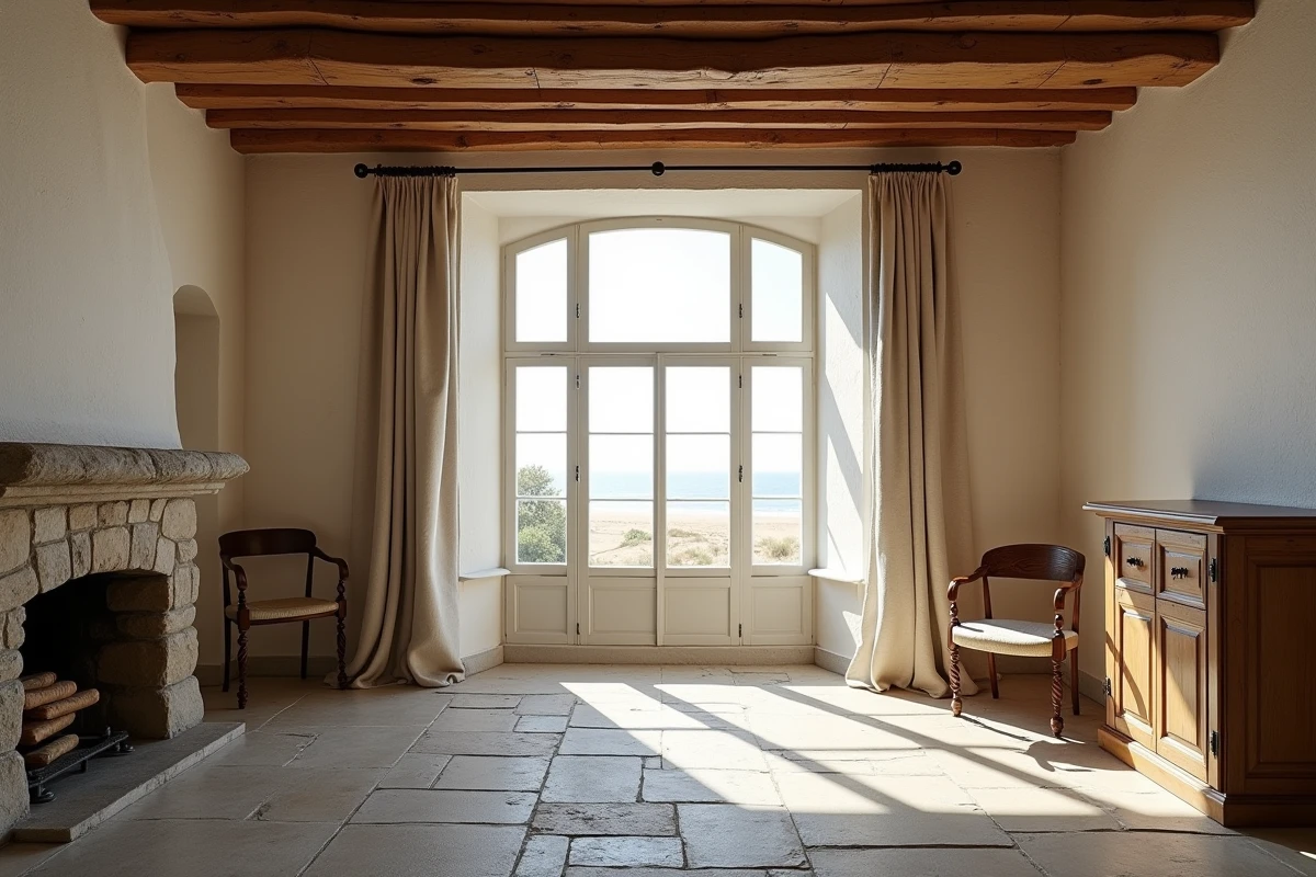 Intérieur rénové d'une maison normande avec vue panoramique sur la côte et la plage depuis le salon