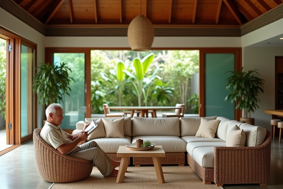 Intérieur spacieux d'une villa de retraite à Koh Samui avec salon en teck, mobilier en rotin et ouverture sur jardin tropical