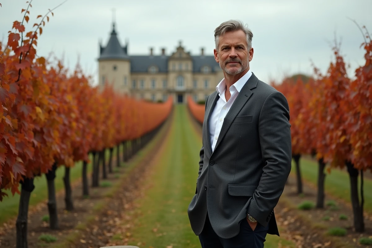 Investisseur devant un vignoble à vendre à Bordeaux en automne avec château viticole en arrière-plan