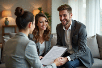 Jeune couple souriant avec agent immobilier dans un salon lumineux