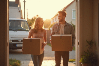 Jeune couple souriant avec cartons devant maison ensoleillee
