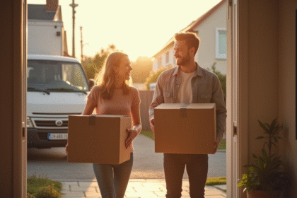 Jeune couple souriant avec cartons devant maison ensoleillee