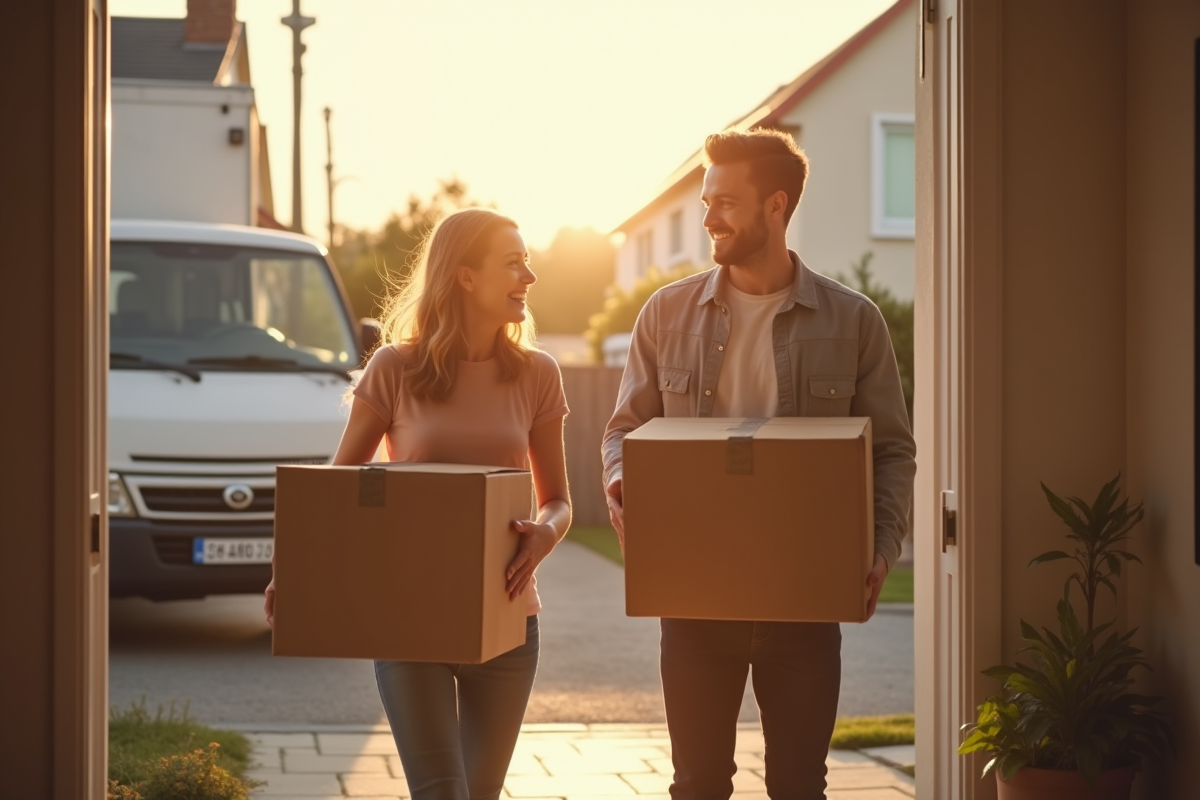 Jeune couple souriant avec cartons devant maison ensoleillee
