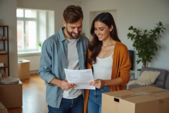 Jeune couple regardant un devis dans un appartement lumineux