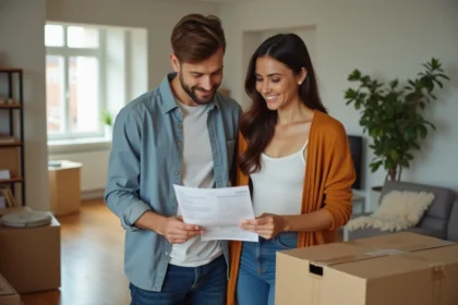 Jeune couple regardant un devis dans un appartement lumineux