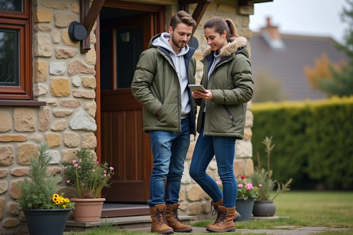 Jeune couple discutant de location devant une maison rurale