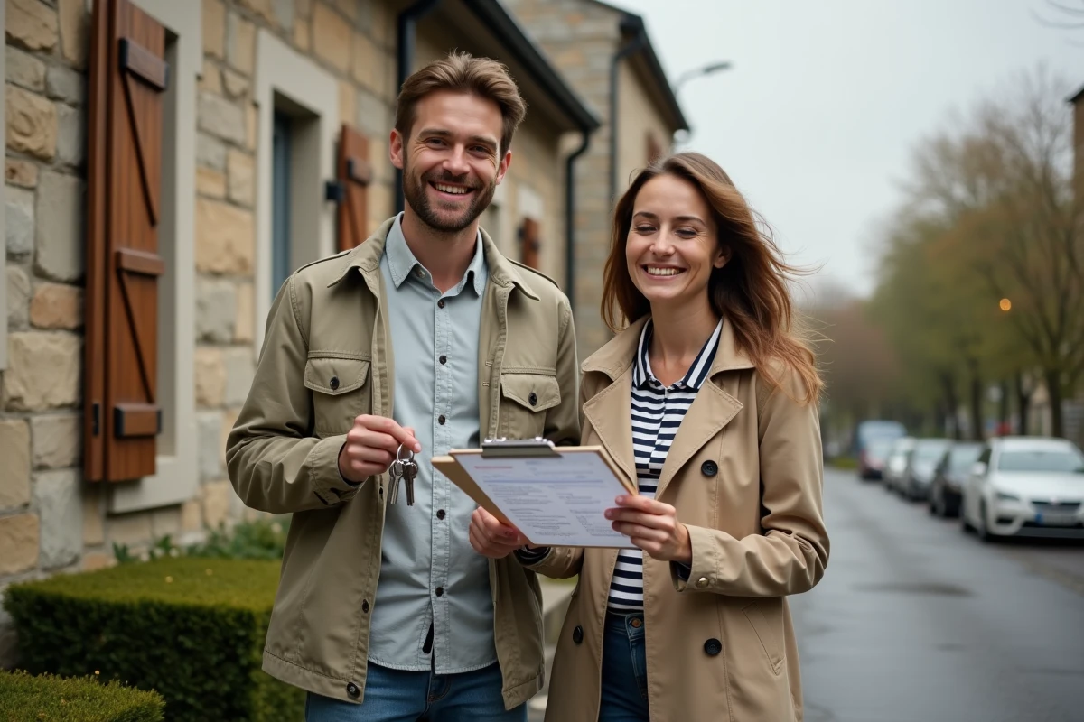 Couple de jeunes propriétaires tenant les clés et un contrat de prêt devant leur maison achetée à crédit