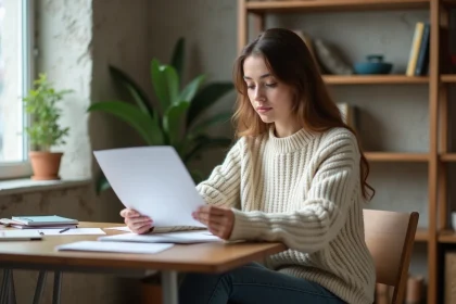Jeune étudiante concentrée à son bureau dans un appartement