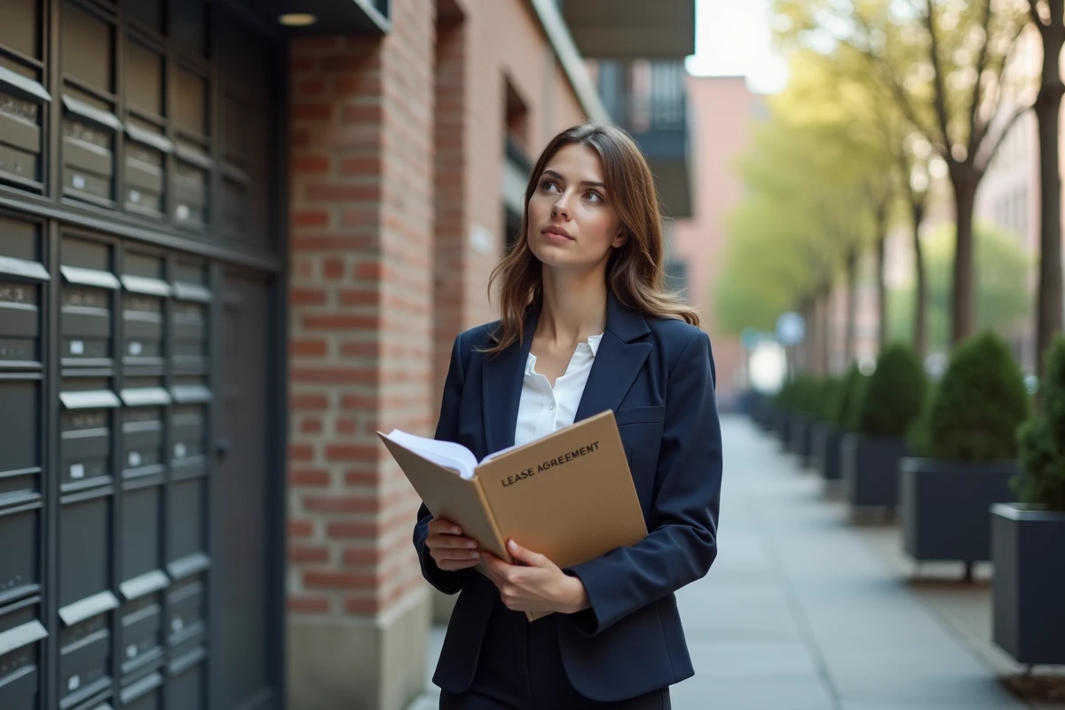 Jeune femme professionnelle devant immeuble résidentiel