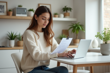 Jeune femme étudie un contrat de location dans une cuisine moderne