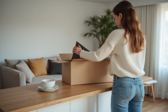 Jeune femme déballant des essentiels de cuisine dans un appartement moderne