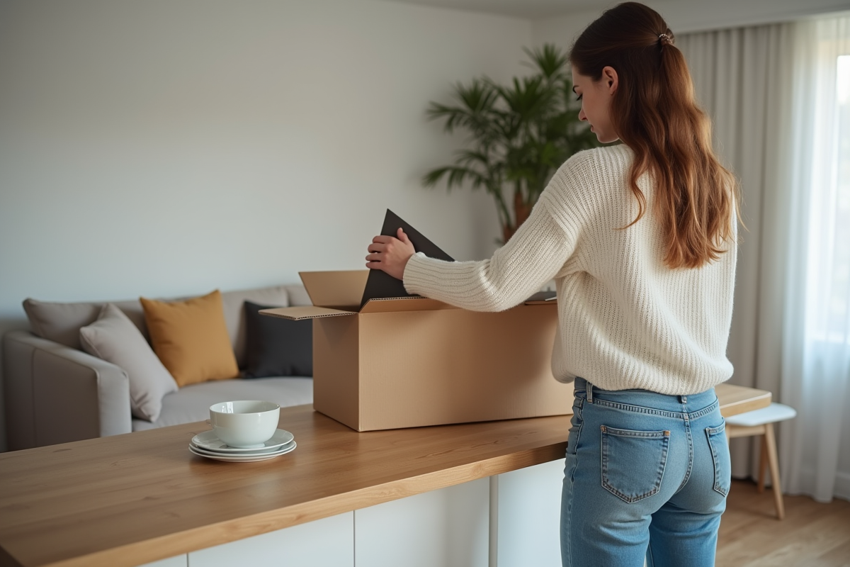 Jeune femme déballant des essentiels de cuisine dans un appartement moderne