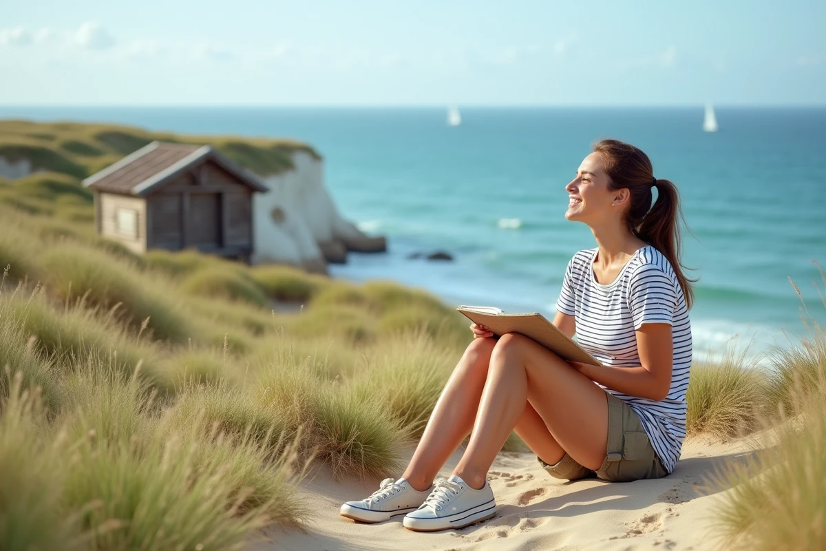 Jeune femme assise sur une dune regardant la mer