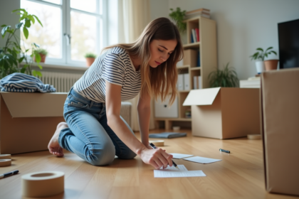 Jeune femme étiquetant des cartons de déménagement dans un salon lumineux