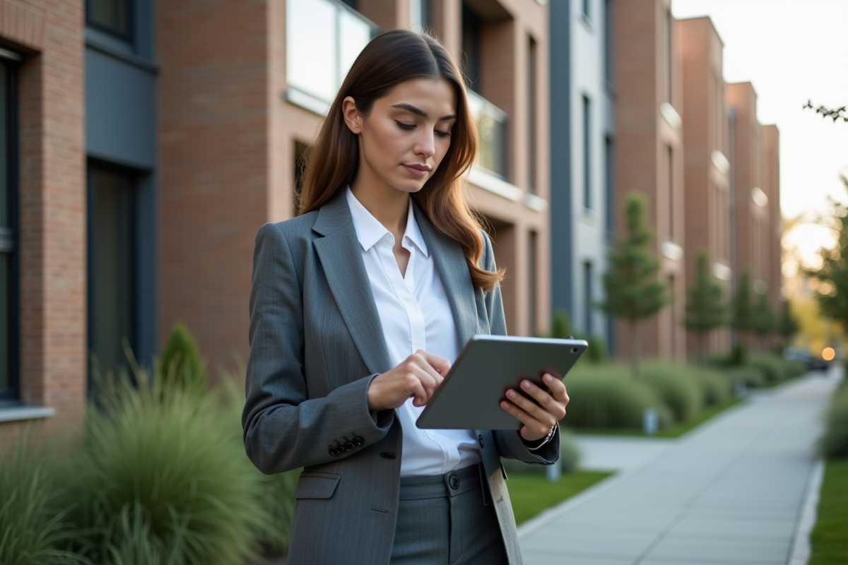 Jeune femme en costume vérifiant une tablette devant un immeuble