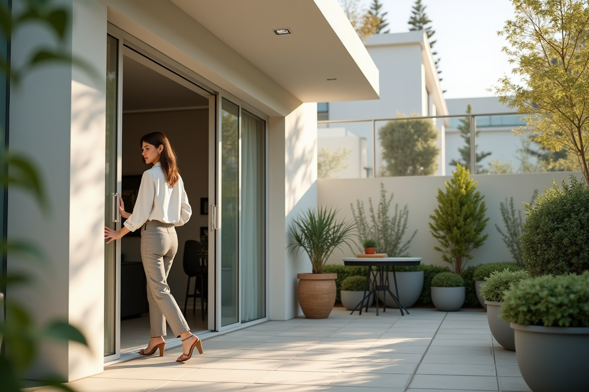 Jeune femme déverrouillant une dépendance moderne en extérieur