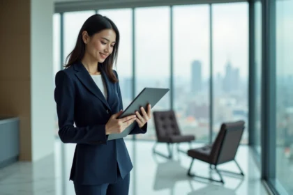 Jeune femme confiante en costume dans un appartement moderne