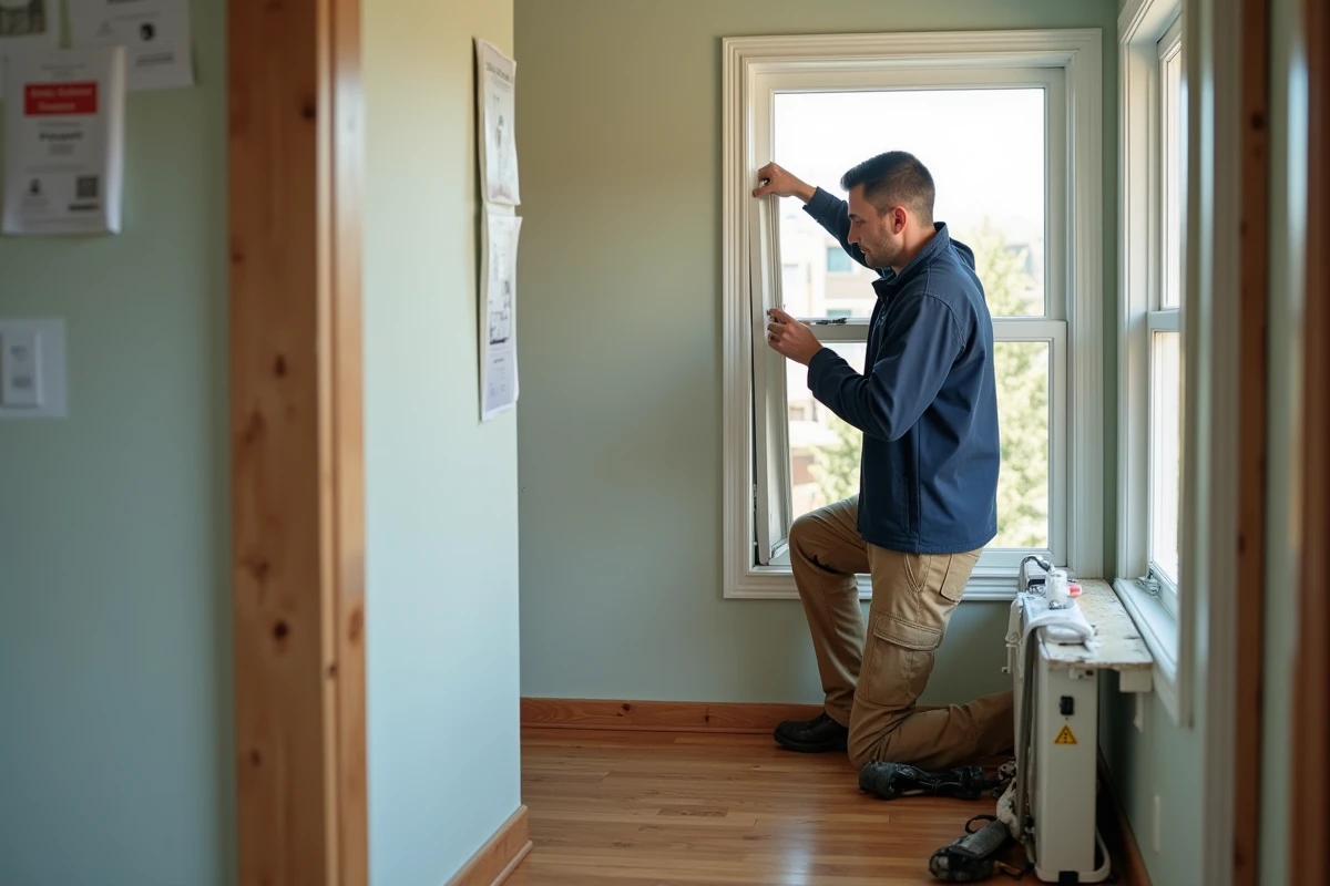 Jeune homme installant une fenetre isolante dans le salon