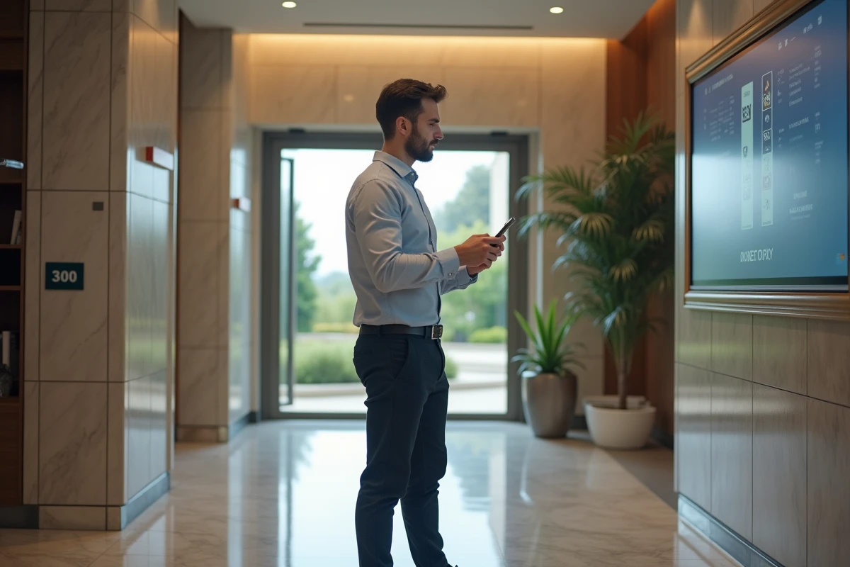 Jeune homme examinant un annuaire numérique dans un hall d