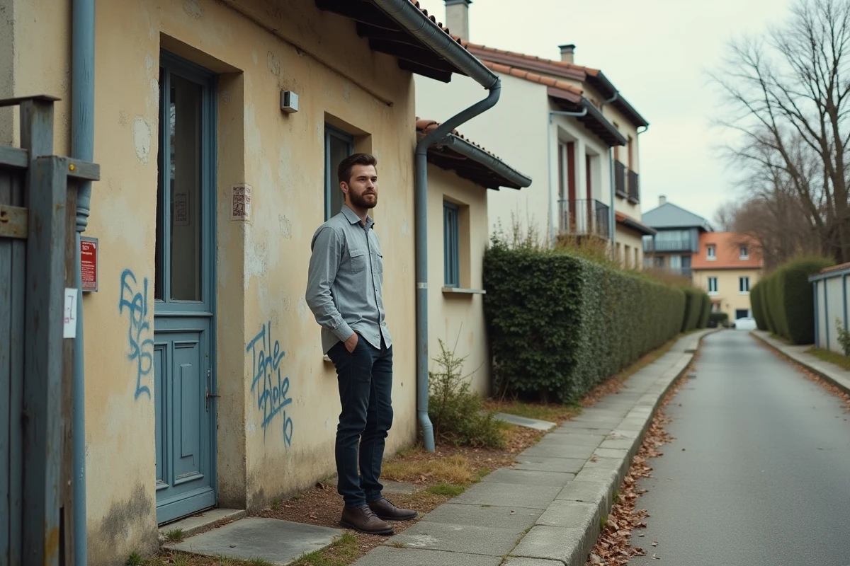 Jeune homme devant une maison à vendre dans un quartier de Montluçon