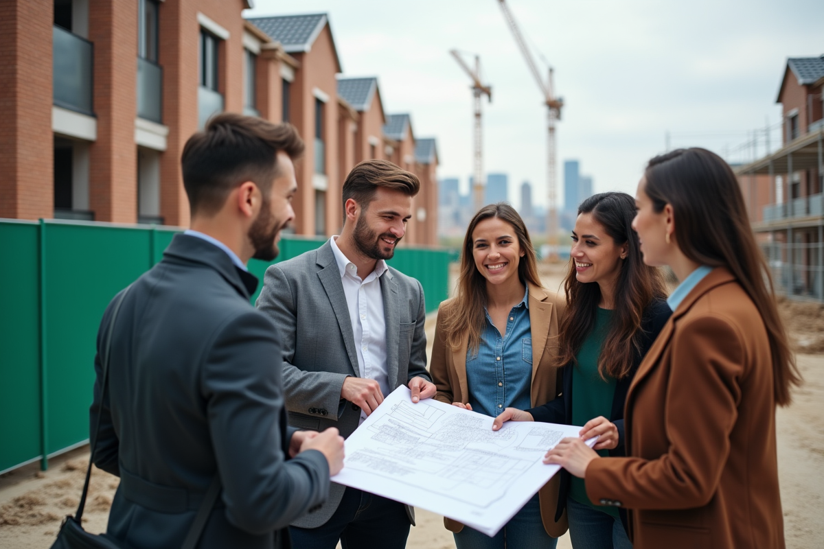 Jeunes adultes discutant sur un chantier immobilier en extérieur