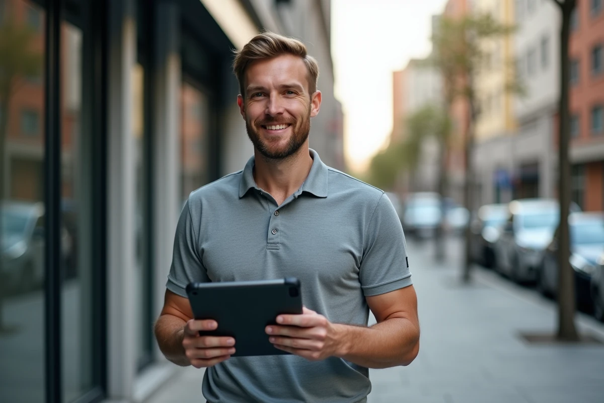 Technicien terrain utilisant Kizeo Forms avec des connecteurs ouverts pour CRM immobilier sur tablette