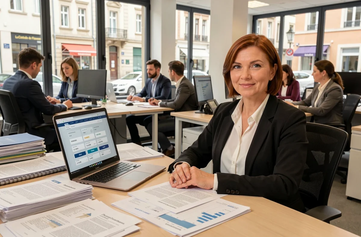 Spécialiste en financement immobilier de La Centrale de Financement Isère travaillant sur une comparaison de taux dans un bureau agence ouvert