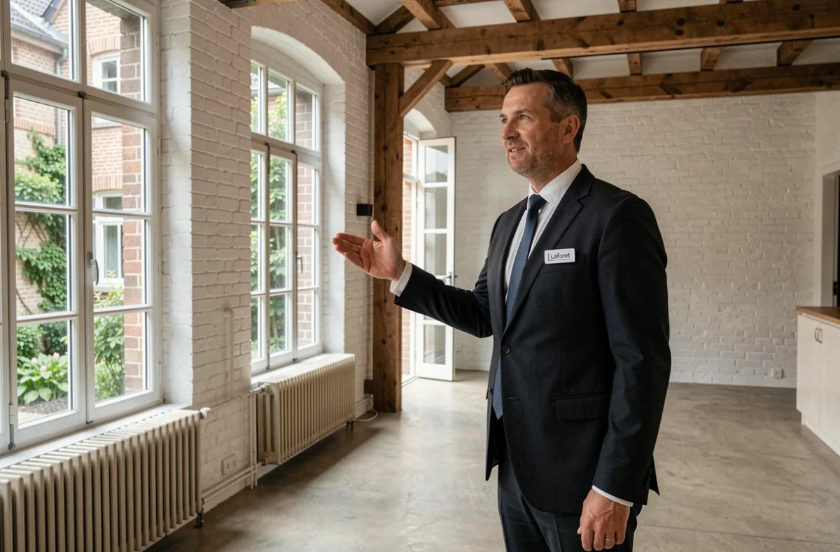 Agent Laforêt Lomme dans un appartement rénové avec poutres apparentes et vue sur cour intérieure