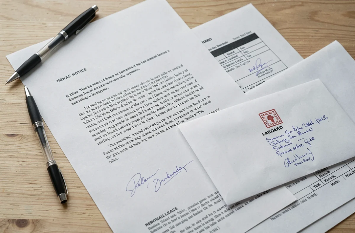 Lettre de préavis de déménagement posée sur une table avec enveloppe timbrée et contrat de bail
