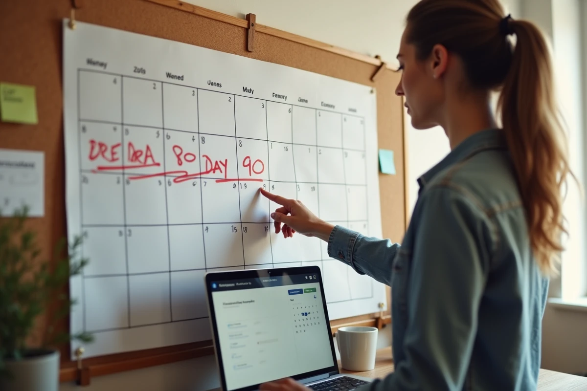 Propriétaire montrant la limitation des 90 jours sur un calendrier mural pour les locations de meublés classés