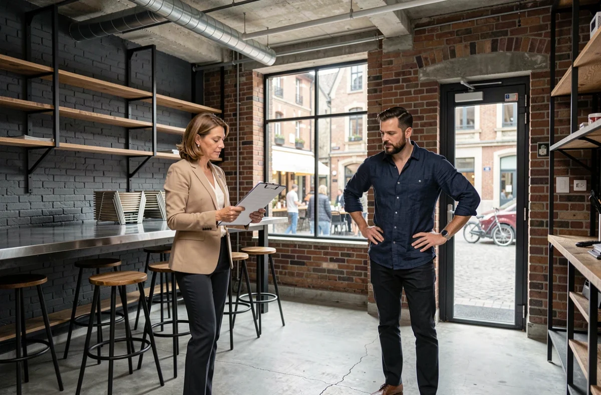 Intérieur d'un local commercial vide pour bar ou restaurant à louer dans un quartier tendance de Dijon, avec agent immobilier et futur exploitant