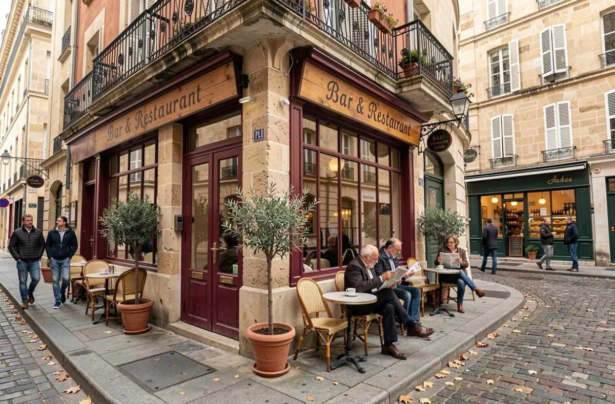 Façade d'un bistro français typique avec terrasse en centre-ville de Dijon, idéal pour choisir un local commercial en quartier historique