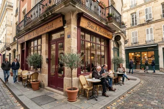 Façade d'un bistro français typique avec terrasse en centre-ville de Dijon, idéal pour choisir un local commercial en quartier historique