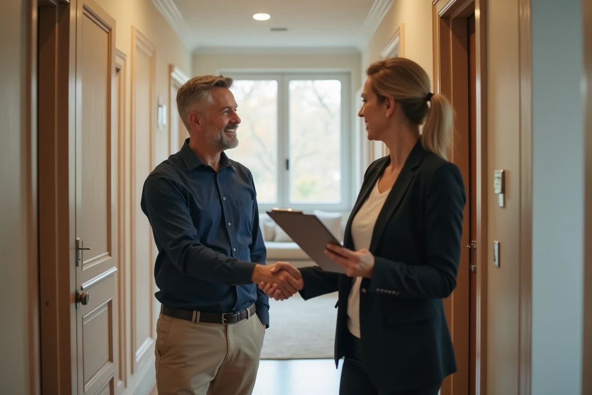 Locataire et agent immobilier échangeant une poignée de main dans le couloir d'un immeuble résidentiel géré par un service locatif