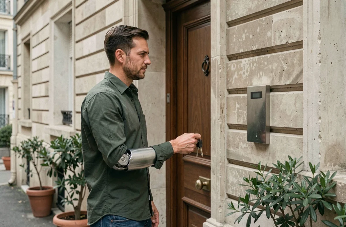 Homme avec prothèse de bras tenant les clés de son appartement devant l'entrée d'un immeuble résidentiel