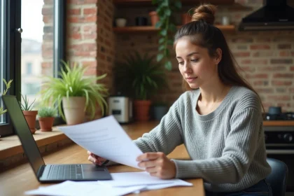 Locataire examinant des documents de gestion locative sur son ordinateur portable dans un appartement moderne et chaleureux