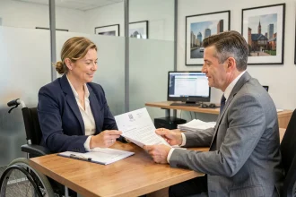 Femme en fauteuil roulant signant un contrat de location avec un agent immobilier dans une agence moderne