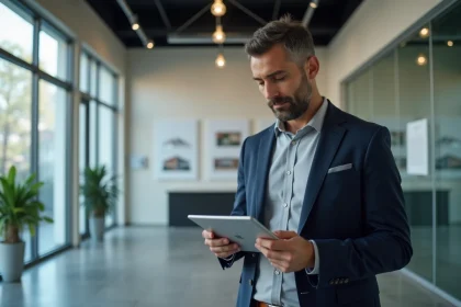 Agent immobilier utilisant un logiciel d'état des lieux connecté à un CRM dans une agence moderne