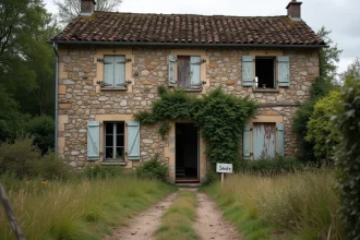 Maison abandonnée en pierre dans la campagne française avec jardin envahi par la végétation et volets délabrés