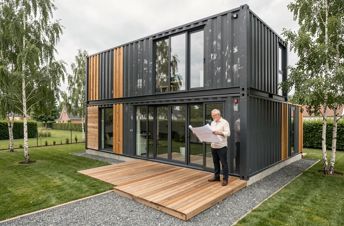 Maison container moderne à deux niveaux avec bardage bois et grandes baies vitrées, vue extérieure complète avec architecte consultant des plans