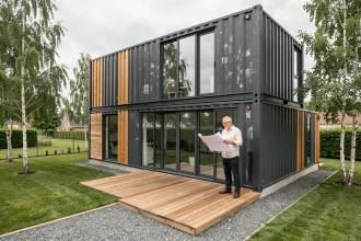 Maison container moderne à deux niveaux avec bardage bois et grandes baies vitrées, vue extérieure complète avec architecte consultant des plans