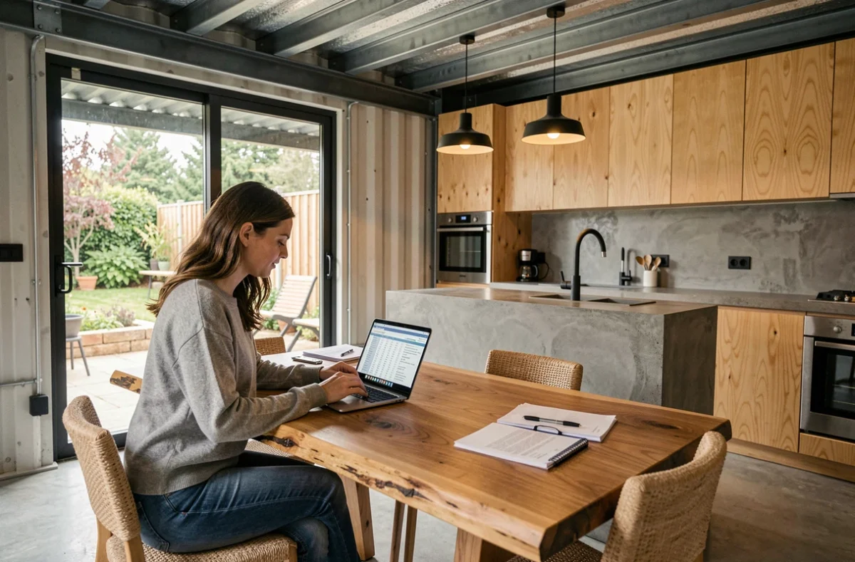 Intérieur aménagé d'une maison container avec cuisine ouverte en béton poli et acier, femme consultant un devis de construction sur ordinateur portable