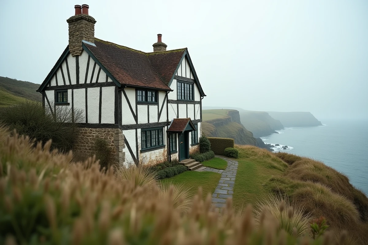 Maison normande en colombages au bord de la falaise avec vue sur la Manche en Normandie