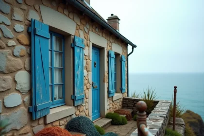 Maison de pêcheur en pierre sur la côte Atlantique bretonne avec volets bleus et filets de pêche