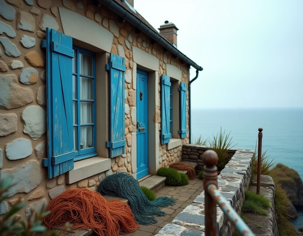 Maison de pêcheur en pierre sur la côte Atlantique bretonne avec volets bleus et filets de pêche