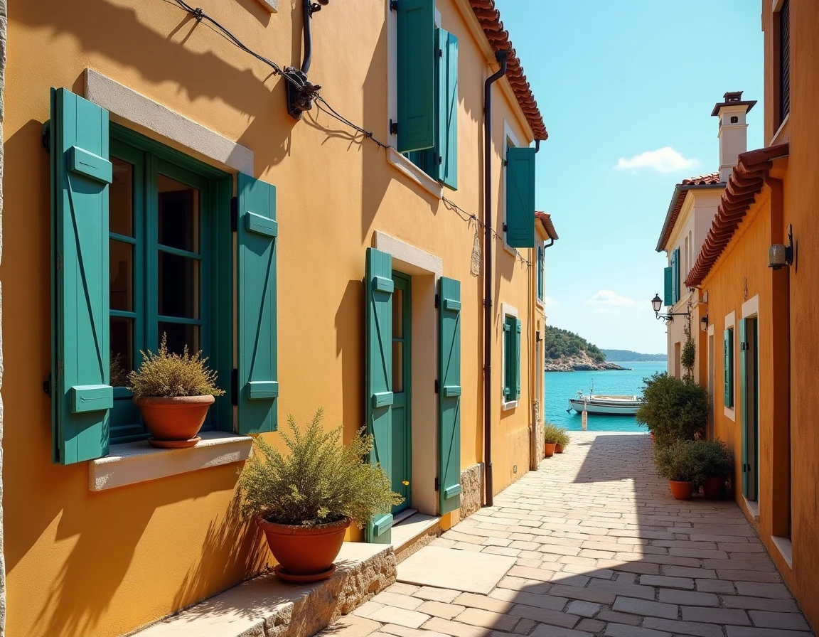 Maison de pêcheur méditerranéenne aux volets bleu-vert dans une ruelle provençale face au port