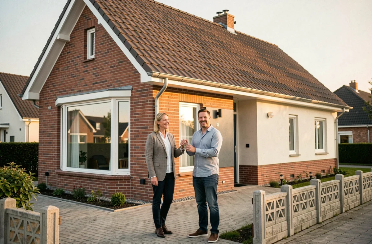Couple devant leur maison neuve construite par Maisons France Confort en Seine-Maritime