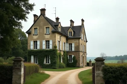 Manoir ancien à vendre en zone rurale française avec façade en pierre et volets délabrés, entouré d'un jardin à l'abandon