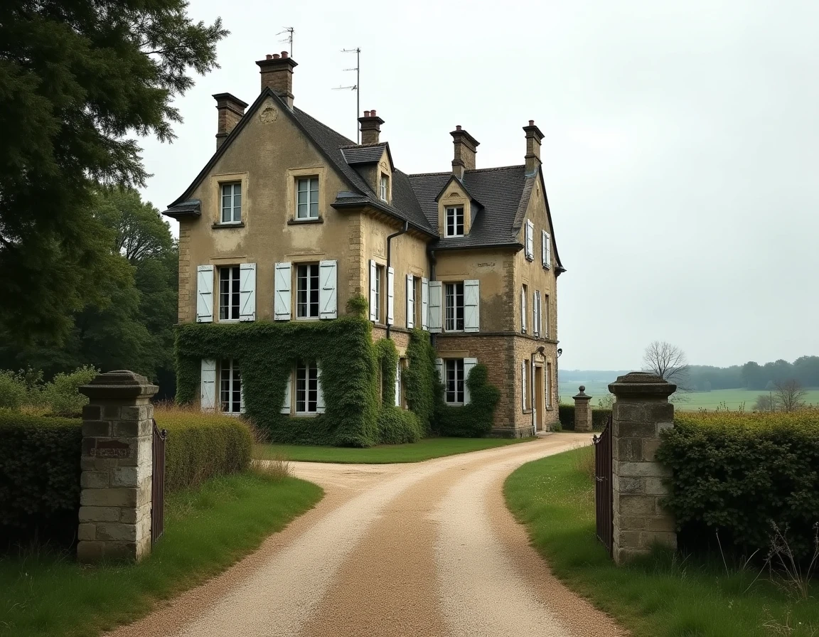 Manoir ancien à vendre en zone rurale française avec façade en pierre et volets délabrés, entouré d'un jardin à l'abandon